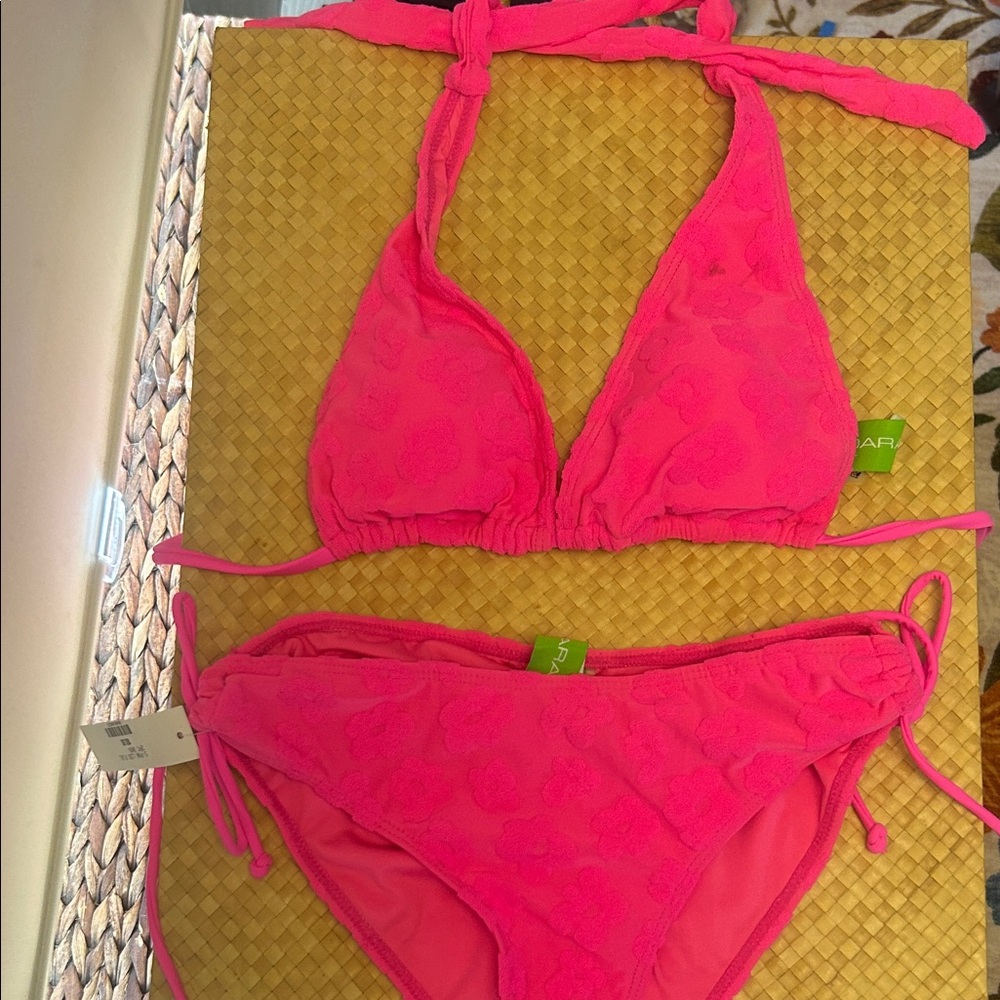 Bright Pink Textured Triangle Bikini Set - Women's Tie-Side Swimwear